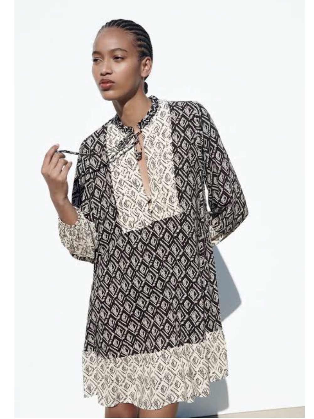 Zara Patchwork Geo Contrast Print Bohemian Mini Dress Size M NWT - Picture 2 of 16
